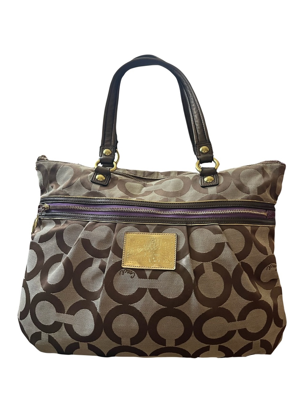 Coach Brown Signature Logo Tote with Gold Plaque